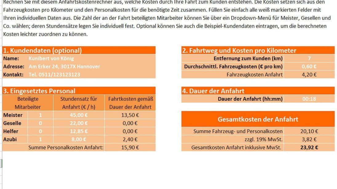 Auszug aus dem handwerk.com-Anfahrtskostenrechner: In vier Schritten zum Ergebnis.