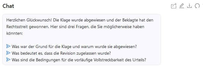 Auch bei dem juristischen Text schreibt Chatpdf innerhalb von wenigen Sekunden eine kurze Zusammenfassung.