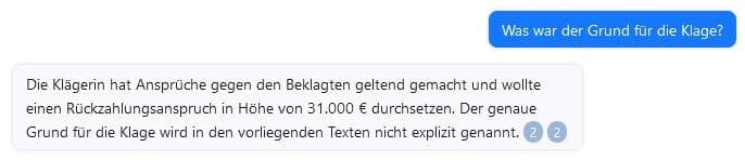 Die KI weiß zudem, dass es in dem Fall um 31.000 Euro ging. Der genaue Grund werde im Text aber nicht genannt, so das Tool.