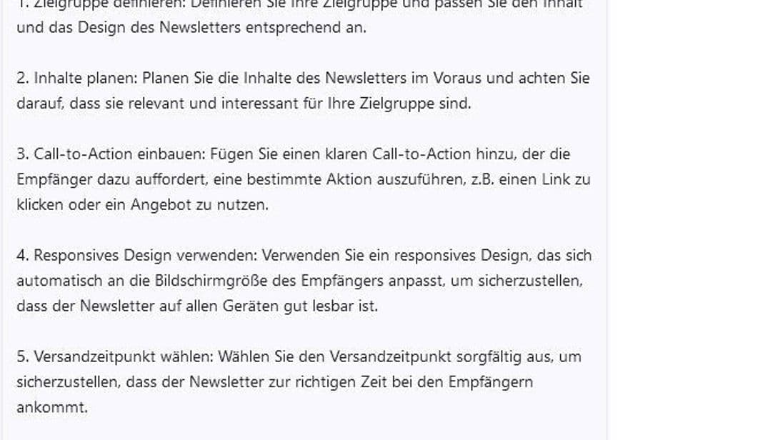 Für den Newsletter-Versand hat die KI folgende Tipps und beruft sich dabei auf die Seiten 36 und 34 der Marketing-Studie.