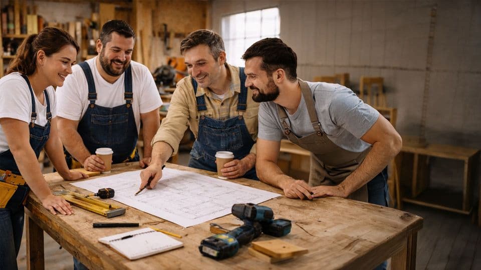 Drei Handwerker stehen in einer Werkstatt und haben eine Besprechnung, dabei gucken sie gemeinsam auf eine Planung.