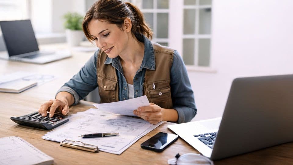 Handwerkerin sitzt an einem Schreibtisch und kümmert sich um die Steuern und Finanzen ihres Betriebs.
