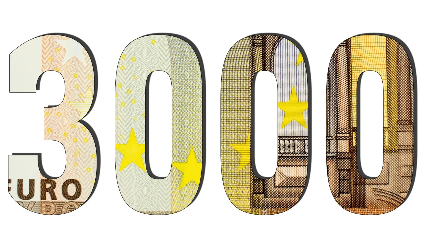 Die Zahl 3000 auf weißem Hintergrund, dargestellt aus Motiven verschiedener Euro-Banknoten.