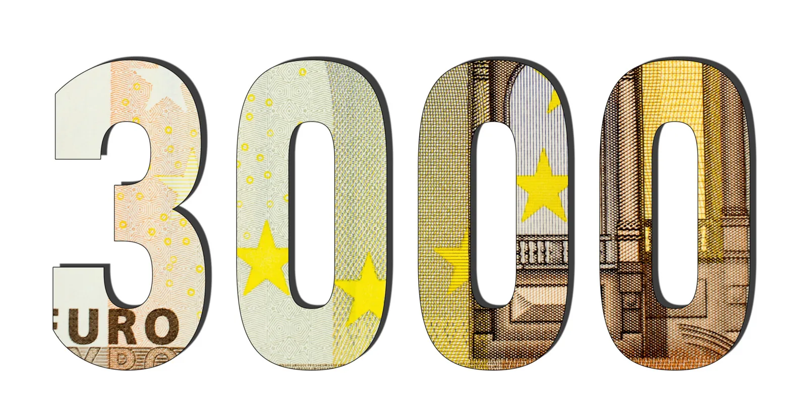 Die Zahl 3000 auf weißem Hintergrund, dargestellt aus Motiven verschiedener Euro-Banknoten.