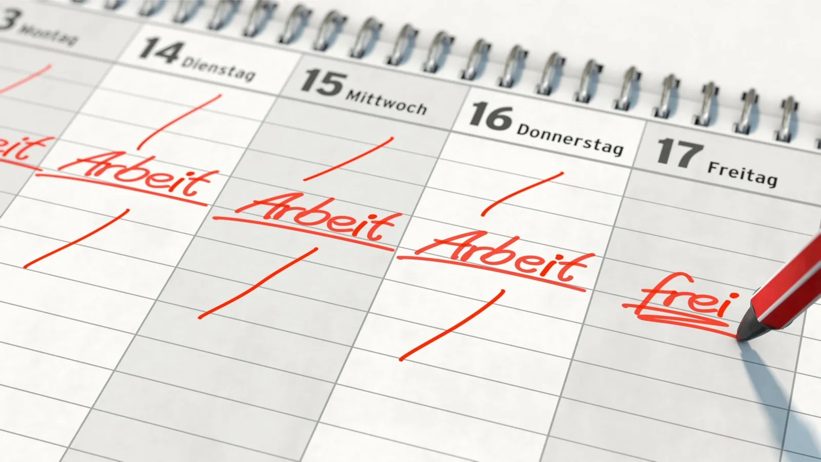 Ein Kalender, in dem an jedem Tag in rot "Arbeit" geschrieben steht.