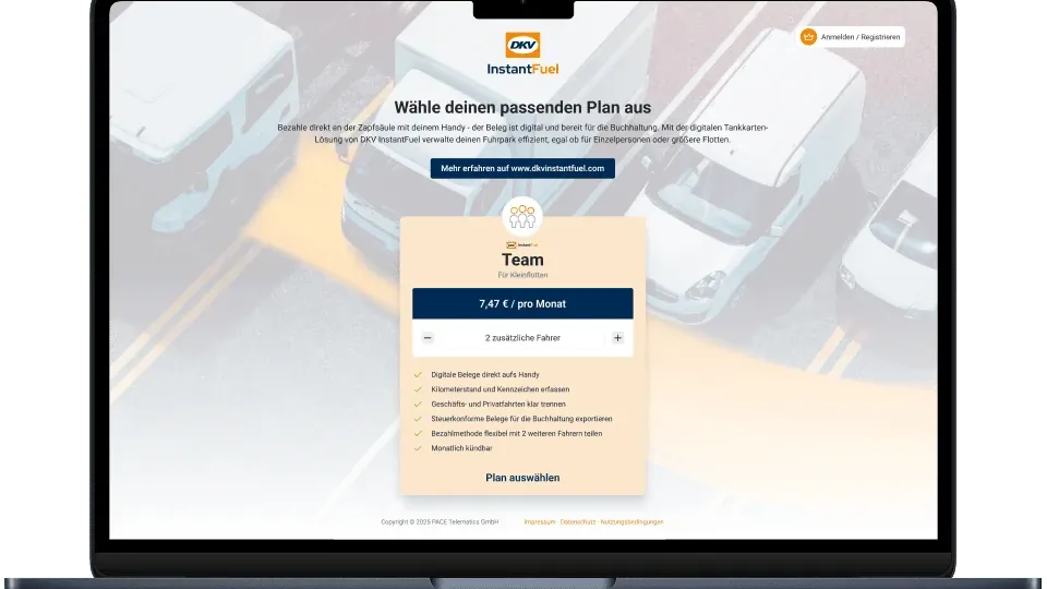 DKV InstantFuel über das Web-Dashboard einrichten. Schritt 1: Plan auswählen