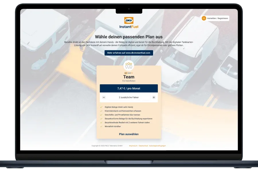 DKV InstantFuel über das Web-Dashboard einrichten. Schritt 1: Plan auswählen