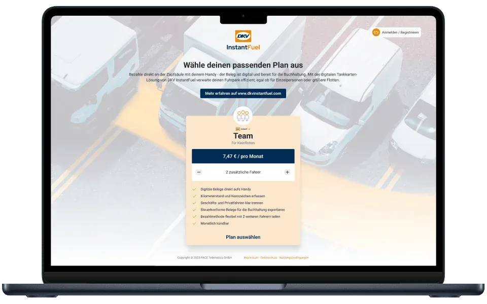 DKV InstantFuel über das Web-Dashboard einrichten. Schritt 1: Plan auswählen