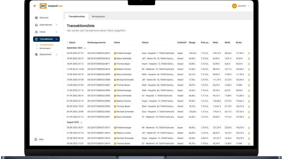 Der Flottenmanager behält den Überblick über alle Tankungen und kann die Rechnungen finanzamtskonform exportieren.