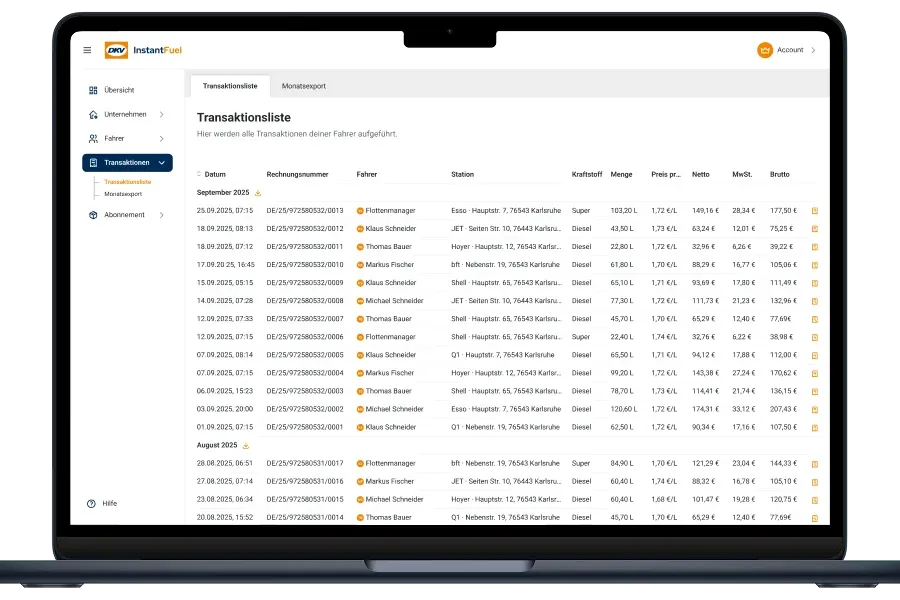 Der Flottenmanager behält den Überblick über alle Tankungen und kann die Rechnungen finanzamtskonform exportieren.