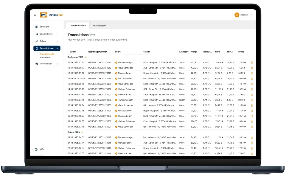 Der Flottenmanager behält den Überblick über alle Tankungen und kann die Rechnungen finanzamtskonform exportieren.