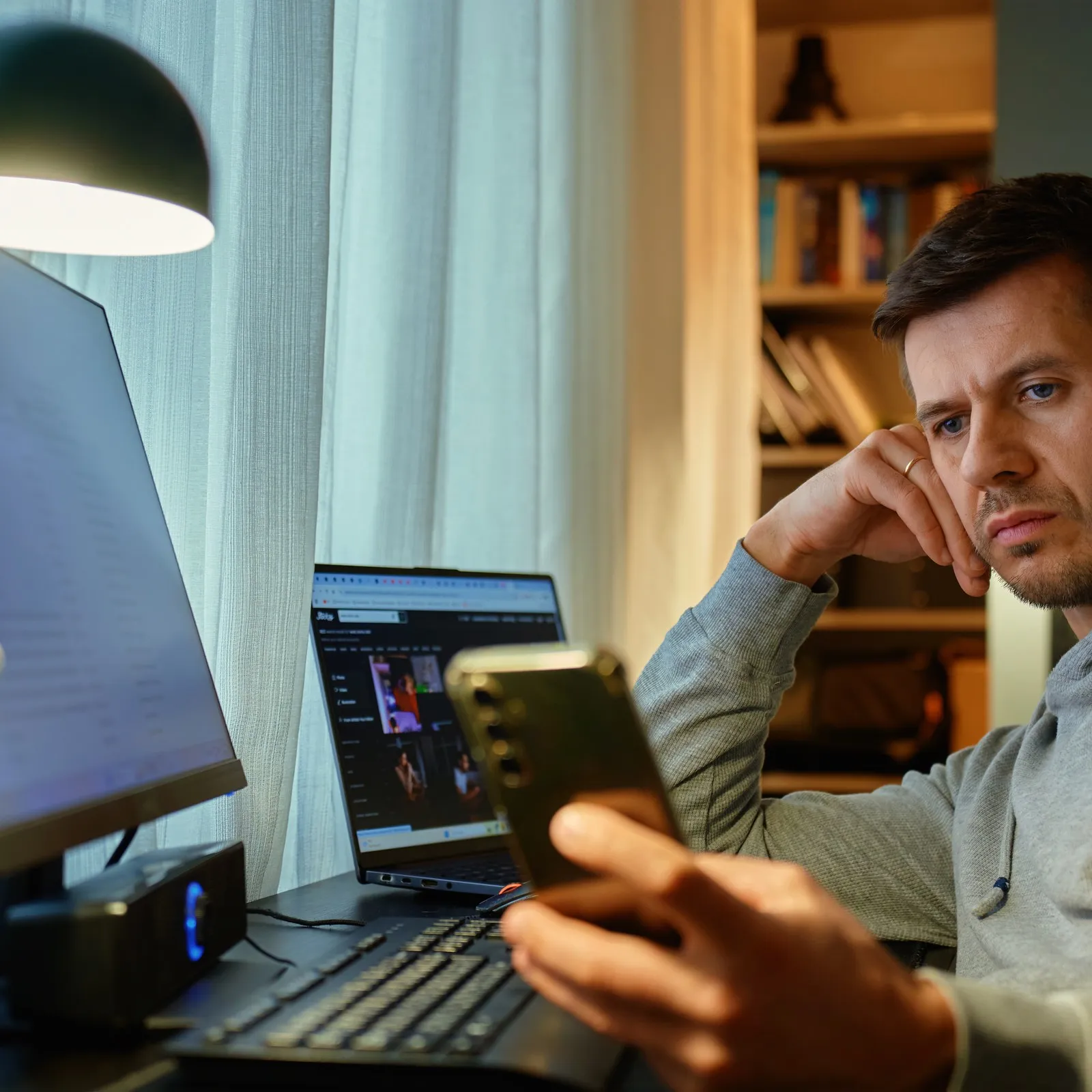 Ein Mann schaut gelangweilt auf sein Smartphone. Vor ihm auf dem Schreibtisch stehen Laptop und ein Computer.