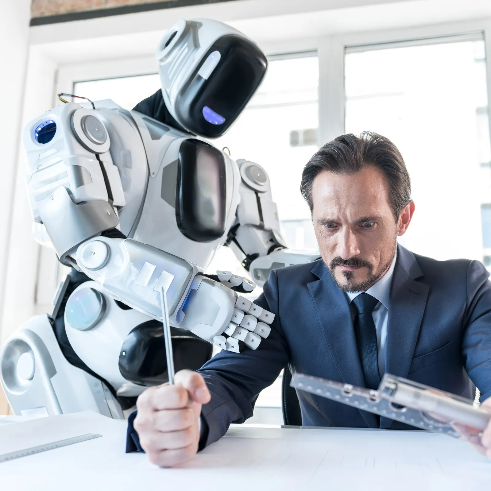 Mann am Schreibtisch ist ärgerlich auf einen Roboters, der hinter ihm steht