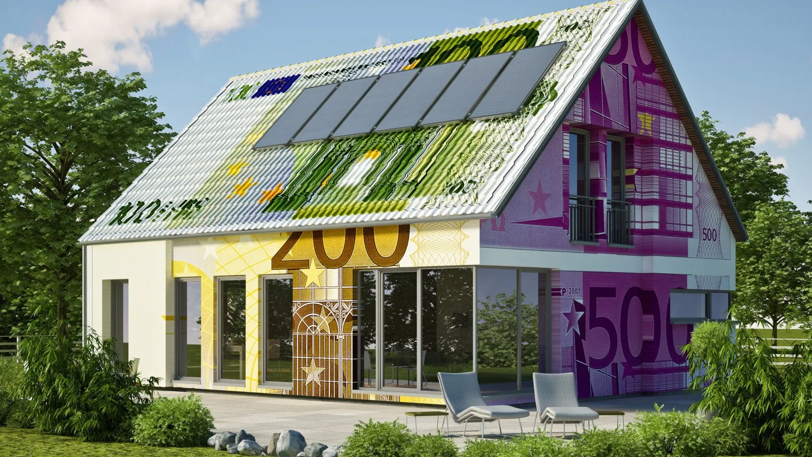 Ein freistehendes Haus in der Natur, dessen Wände mit großen Euro-Scheinen bedruckt ist.