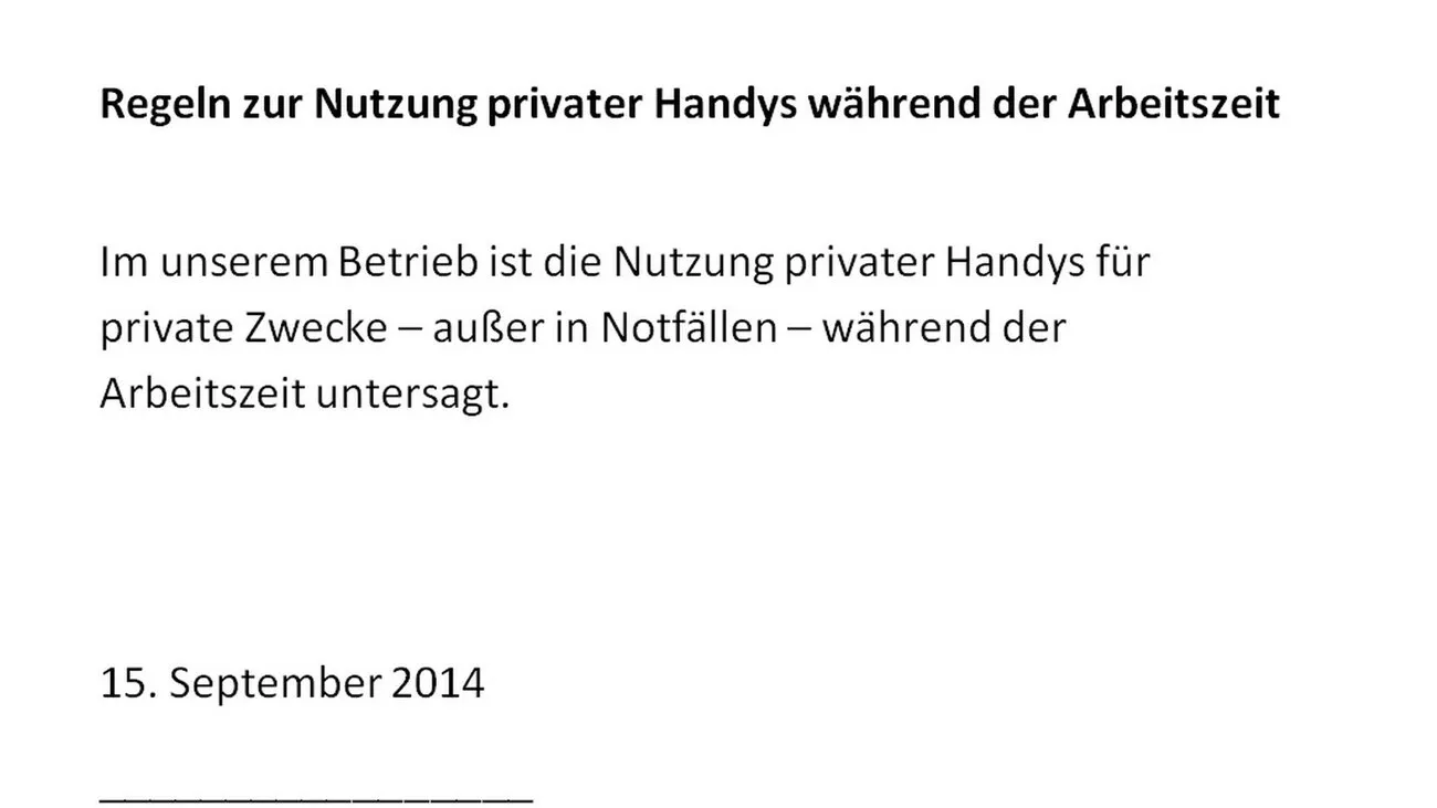 Text des Aushangs zum Verbot der privaten Handynutzung.