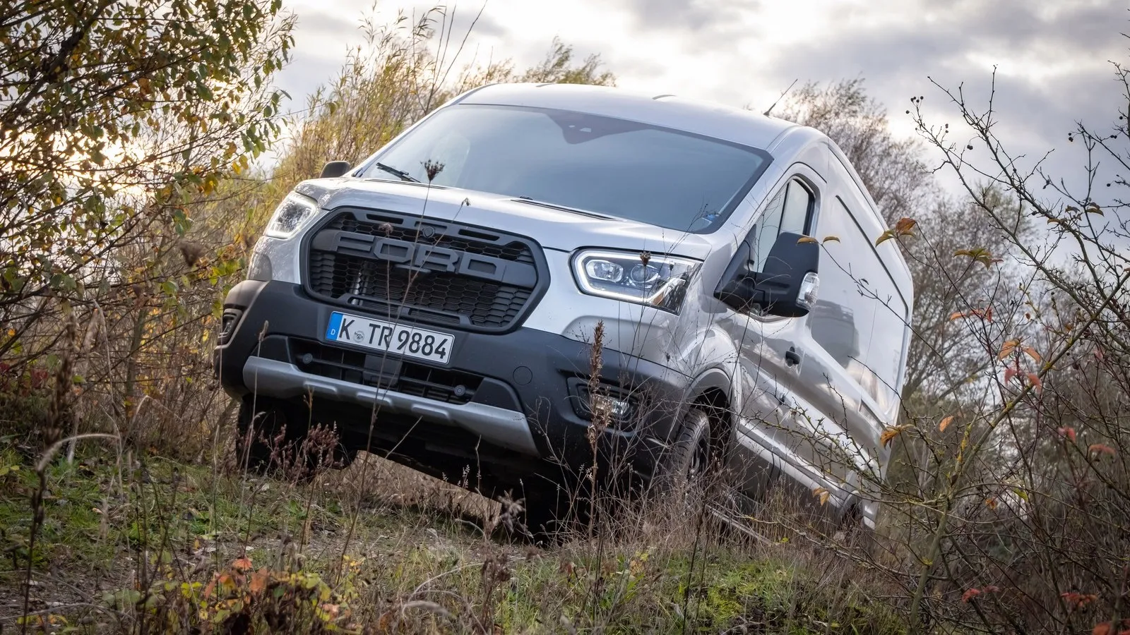 Bild des Ford Transit Trail 4x4 inmitten von Büschen.