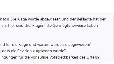 Screenshot vom Chat: Auch bei dem juristischen Text schreibt Chatpdf innerhalb von wenigen Sekunden eine kurze Zusammenfassung.