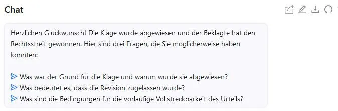 Auch bei dem juristischen Text schreibt Chatpdf innerhalb von wenigen Sekunden eine kurze Zusammenfassung.
