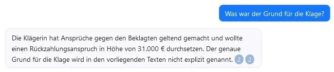 Die KI weiß zudem, dass es in dem Fall um 31.000 Euro ging. Der genaue Grund werde im Text aber nicht genannt, so das Tool.