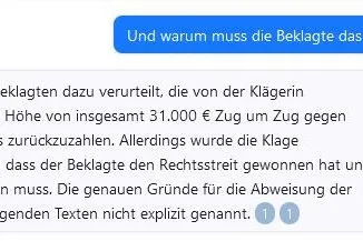 Screenshot vom Chat: Warum die 31.000 Euro in dem Fall zurückgezahlt werden müssen, kann Chatpdf ebenfalls nicht im Detail beantworten. Sie weiß nur, dass es einen entsprechenden Gerichtsbeschluss gibt.