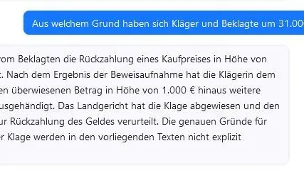 Screenshot vom Chat: Immerhin weiß die KI zu berichten, warum sich die beiden Parteien vor Gericht gestritten haben: Die Klägerin hat den Kaufpreis von 31.000 Euro zurückverlangt.