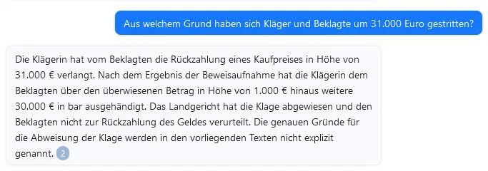 Immerhin weiß die KI zu berichten, warum sich die beiden Parteien vor Gericht gestritten haben: Die Klägerin hat den Kaufpreis von 31.000 Euro zurückverlangt.