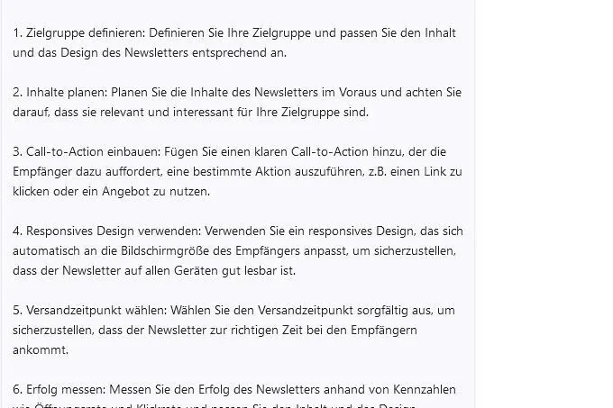 Screenshot vom Chat: Für den Newsletter-Versand hat die KI folgende Tipps und beruft sich dabei auf die Seiten 36 und 34 der Marketing-Studie.