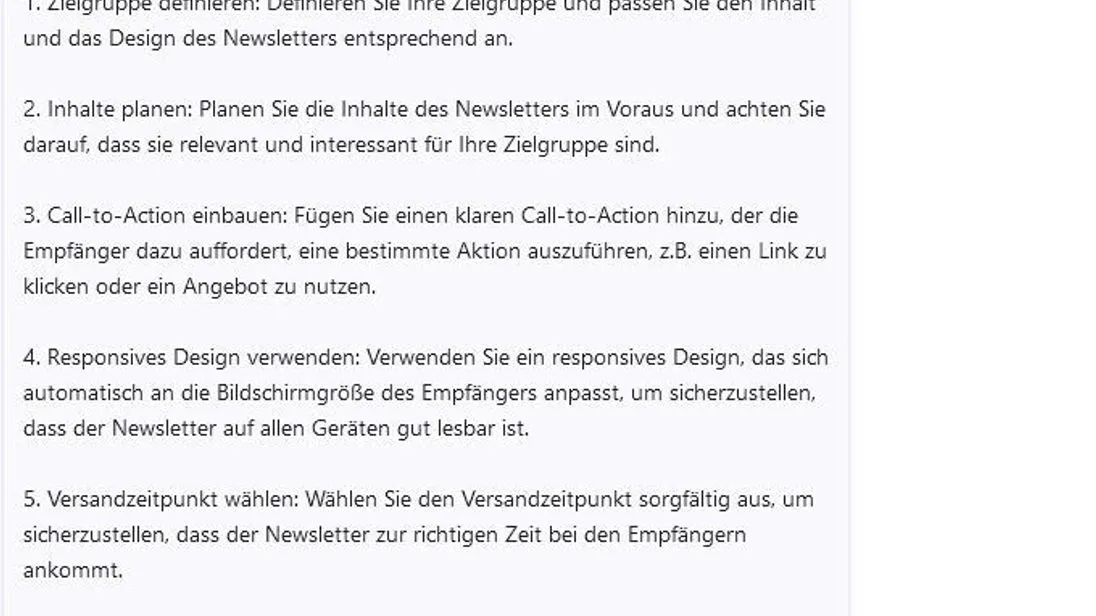 Für den Newsletter-Versand hat die KI folgende Tipps und beruft sich dabei auf die Seiten 36 und 34 der Marketing-Studie.