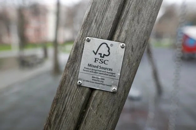 FSC-Siegel an einem Holzpfahl.