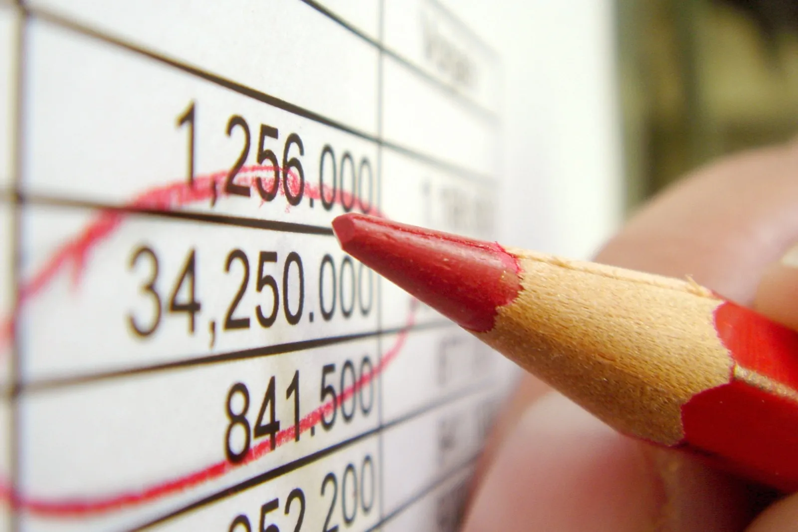 Ein Zettel mit einer Tabelle mit Zahlen. Die Zahl 34,250.000 wird mit einem roten Stift umkreist.