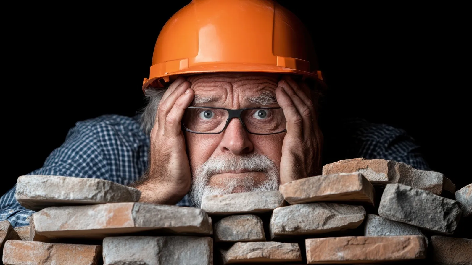 Ein älterer Handwerker mit orangenen Schutzhelm legt sein Kinn auf einer Mauer ab und hält sich seinen Kopf mit beiden Händen.