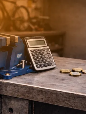 Taschenrechner auf Werkbank