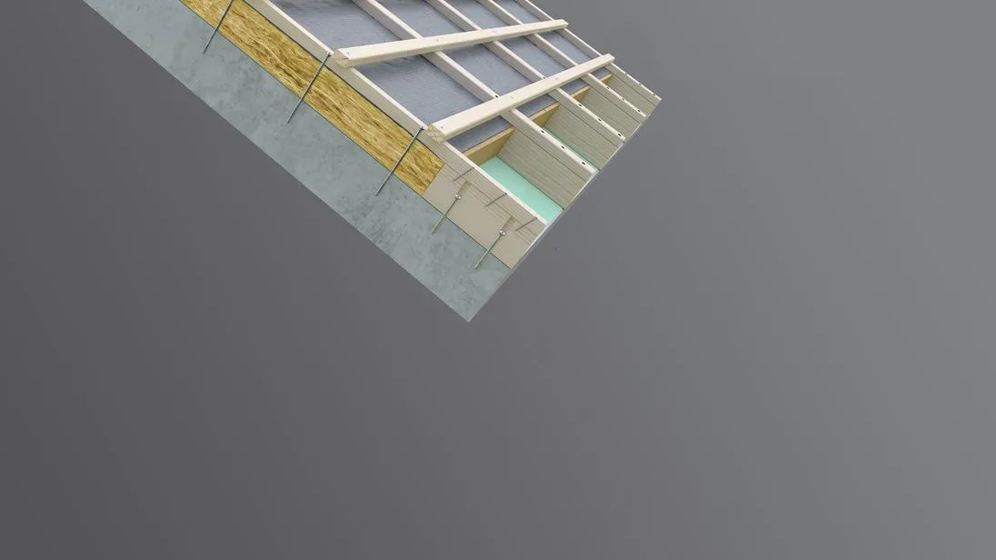 Ausführung mit Schubholz und durchlaufender Konterlatte: Die MULTI-MONTI-plus Therm sorgt für eine sichere Verbindung von Konterlatte und Beton, während Schubkräfte konstruktiv über das Schubholz aufgenommen werden. Der Dämmstoff bleibt dabei entlastet.