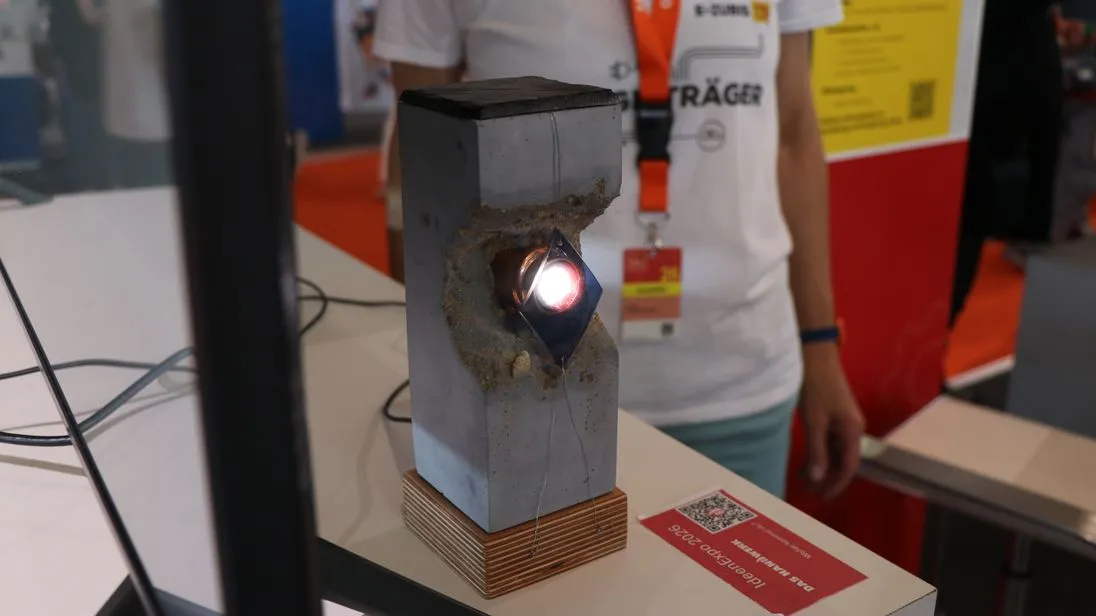 Angeschlossen an einem Fernseher wirft die fertige Industrial-Lampe ihr Licht durch eine bläuliche Linse.