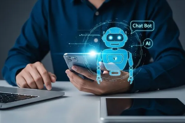 Eine Person sitzt am Laptop und hält gleichzeitig ein Smartphone in den Händen. Im Vordergrund des Fotos befindet sich ein zusätzliches grafisches Element: Hier wird ein Chatbot dargestellt, umgeben von leuchtenden blauen Linien.