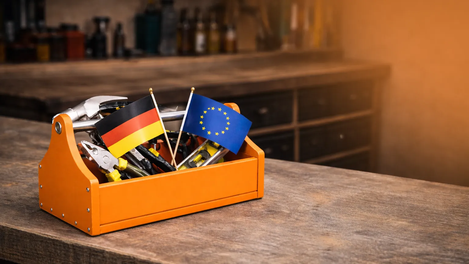 Werkzeugkiste mit Deutschlandfahne und EU-Fahne