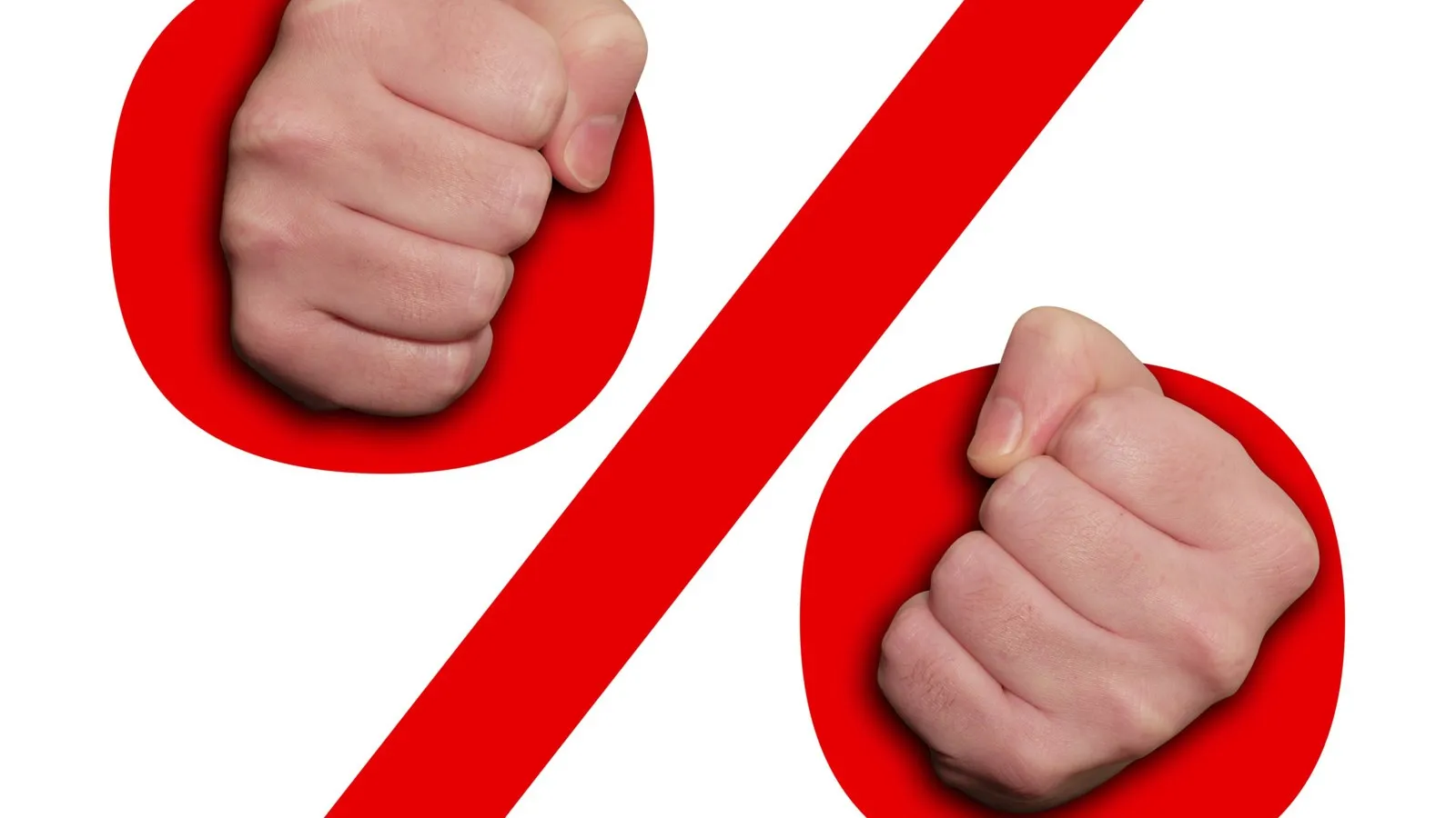 Ein großes rotes Prozentsymbol. In den Nullen befindet sich jeweils eine Hand zu einer Faust geballt.