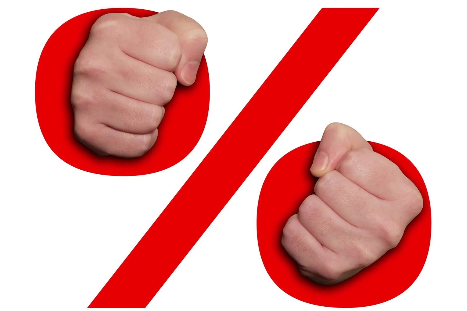 Ein großes rotes Prozentsymbol. In den Nullen befindet sich jeweils eine Hand zu einer Faust geballt.