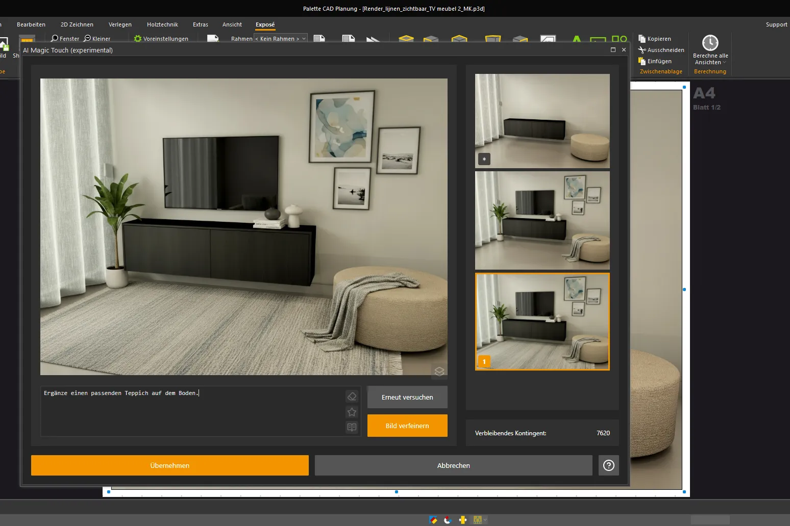 Screenshot des Programms AI Magic Touch von Palette CAD, der einen Blick in ein KI-generiertes Wohnzimmer mit Fernseher und Möbel sowie Teppich zeigt.