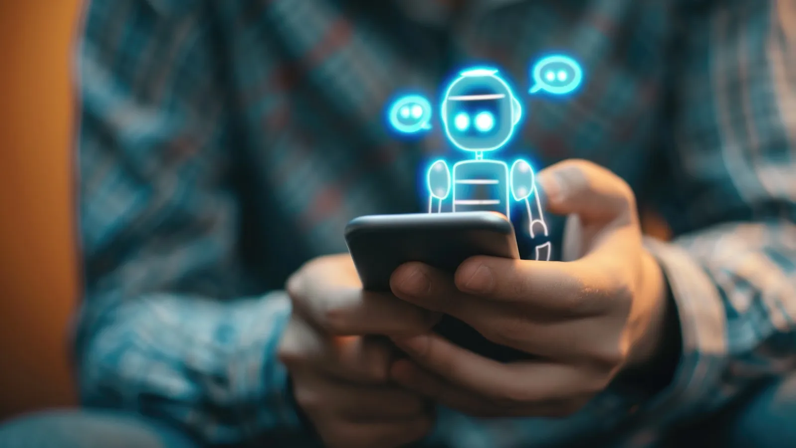 person mit handy in der hand, kleiner virtueller roboter guckt auf den display