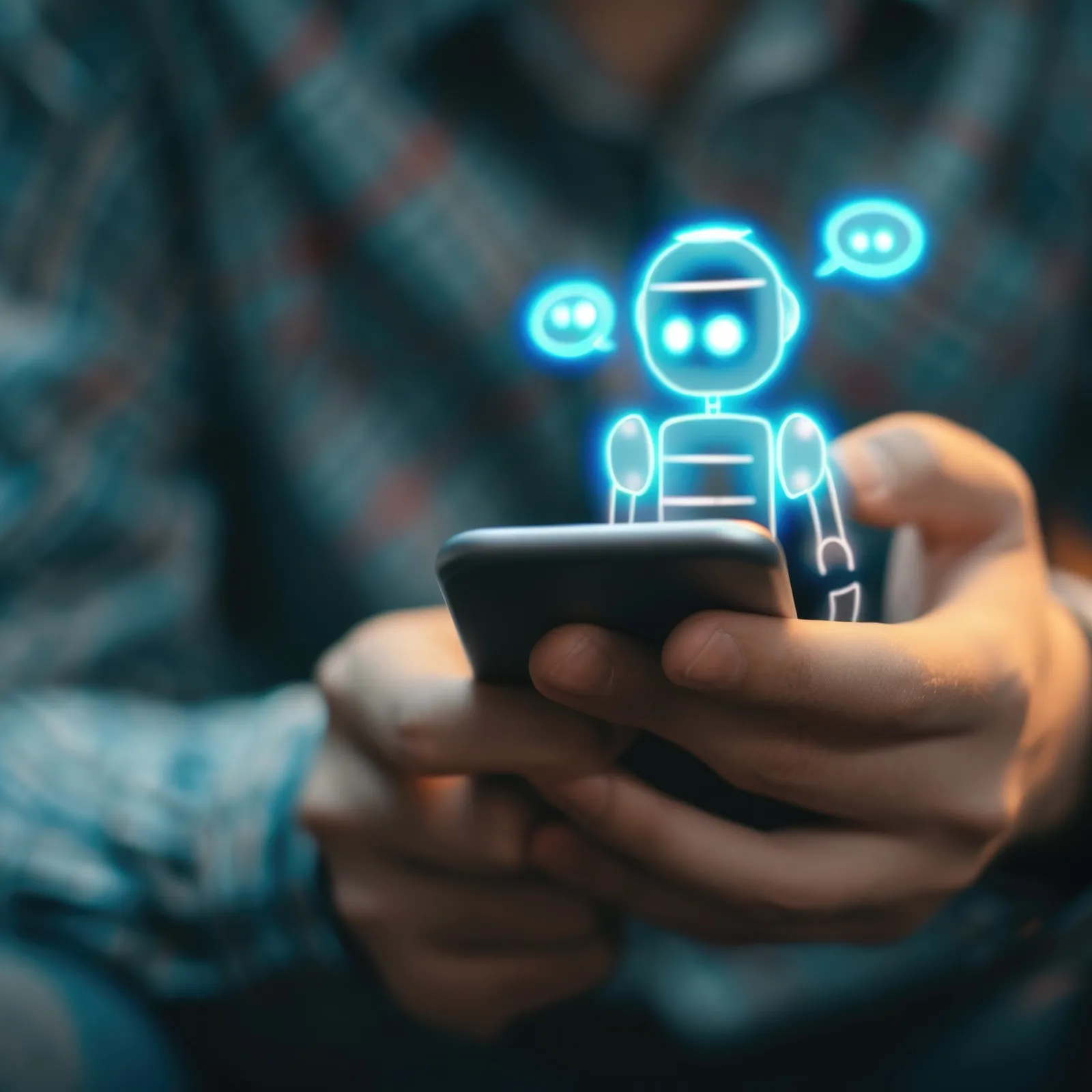 person mit handy in der hand, kleiner virtueller roboter guckt auf den display