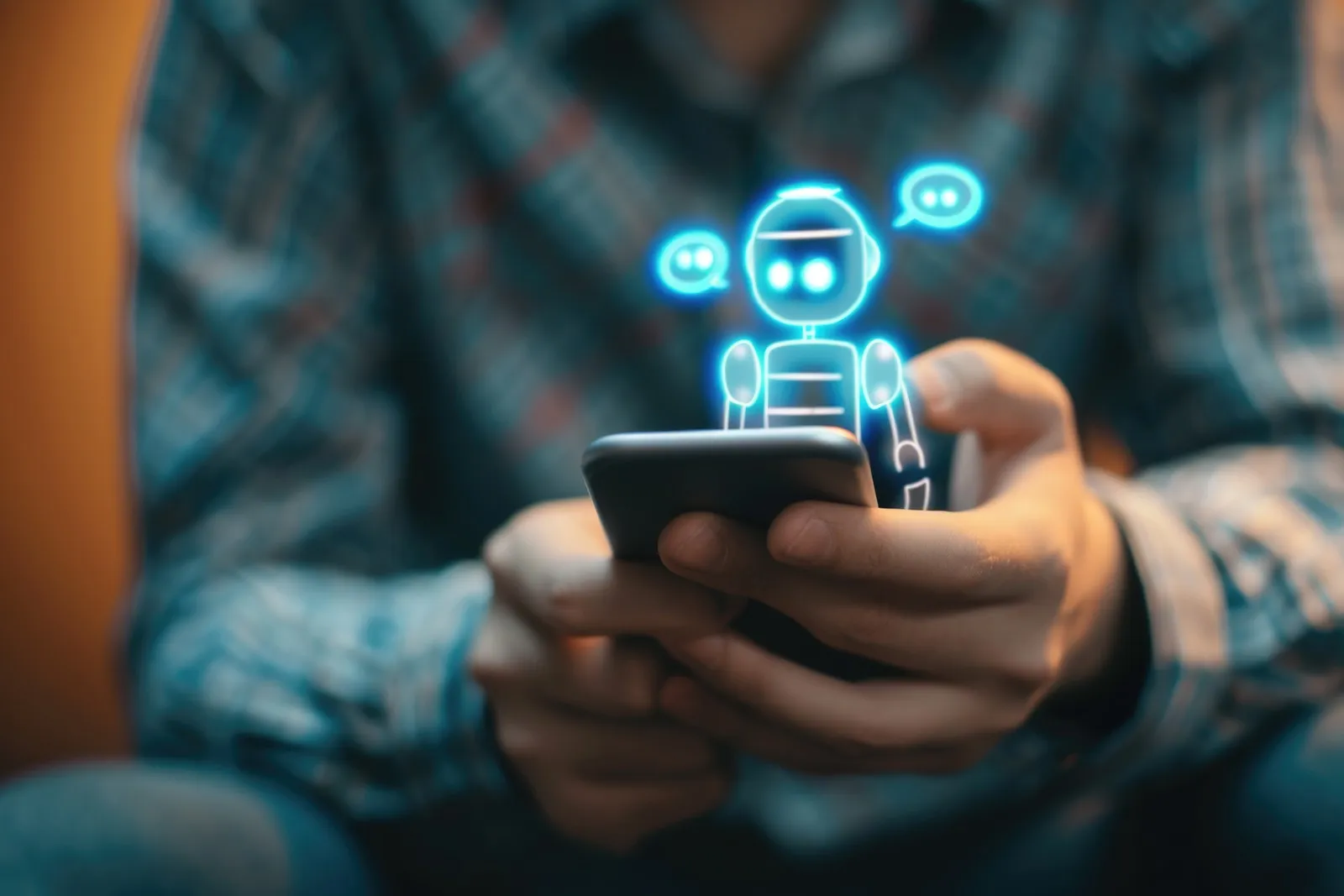 person mit handy in der hand, kleiner virtueller roboter guckt auf den display