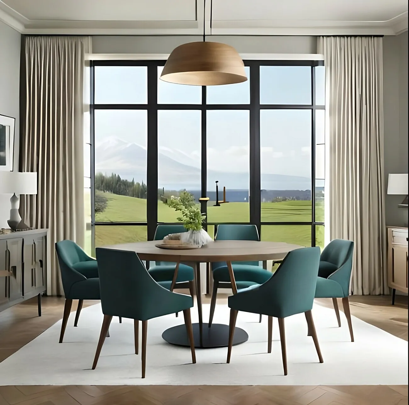 Ein modern entworfenes Esszimmer mit einem runden Tisch und grünen Stühlen vor einem großen Fenster mit Blick auf einen Golfplatz.