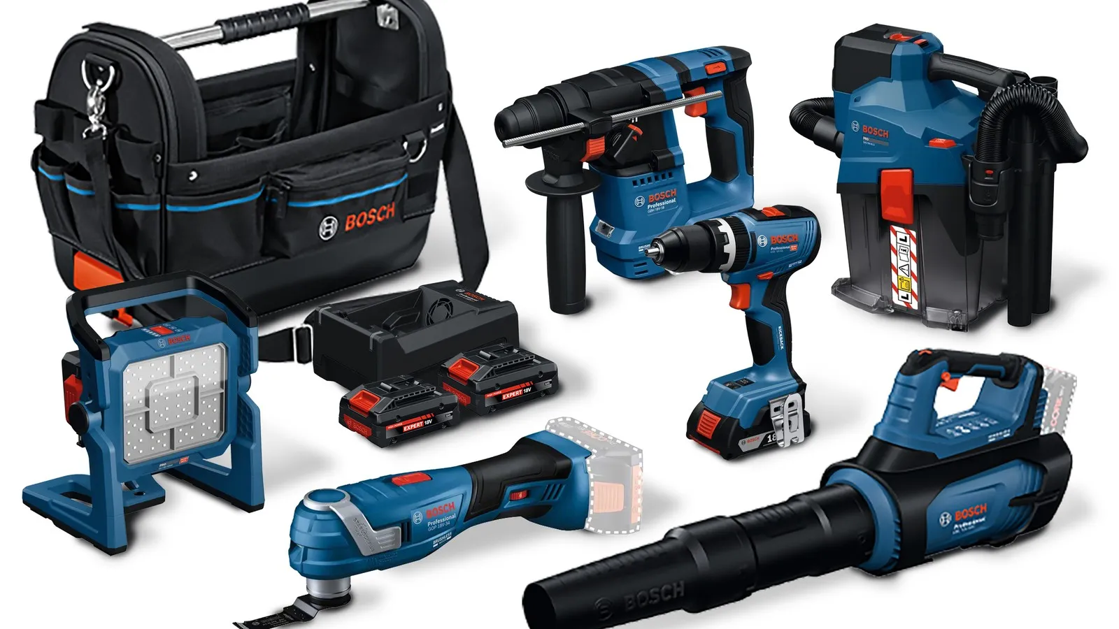 Ein Bosch Professional Parket mit sechs Werkzeugen
