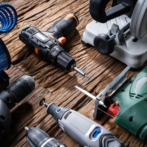 Mehrere Akku-Werkzeuge und Elektrowerkzeuge liegen auf einem Holztisch.