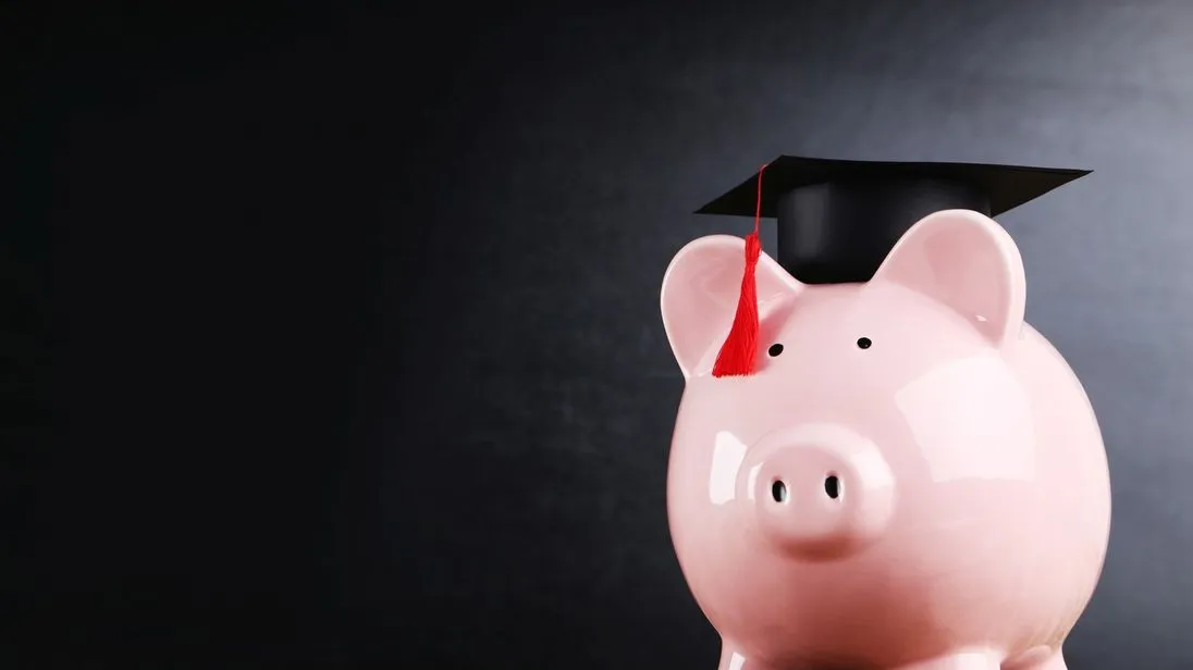 Ein rosa Sparschwein trägt auf dem Kopf eine Bachelor-Mütze