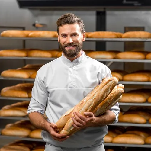 Ein Bäcker steht vor einem Regal mit Broten und hält mehrere Baguette im Arm.