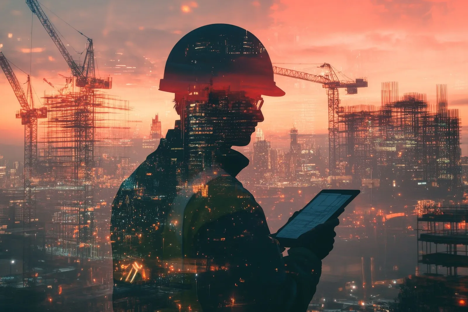 Silhoutte eines Mannes vor einer Großbaustelle mit Kränen.