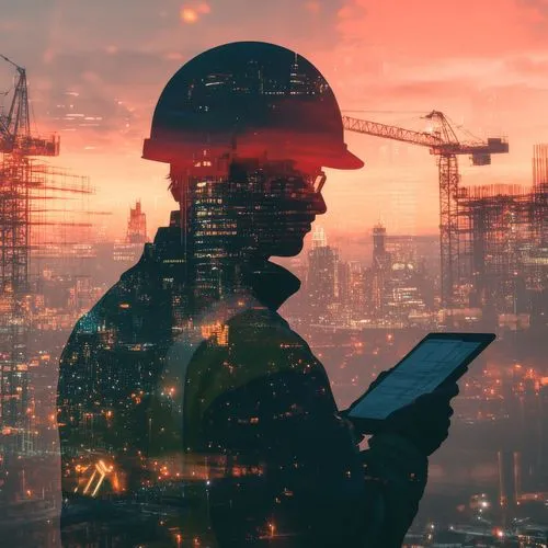 Silhoutte eines Mannes vor einer Großbaustelle mit Kränen.