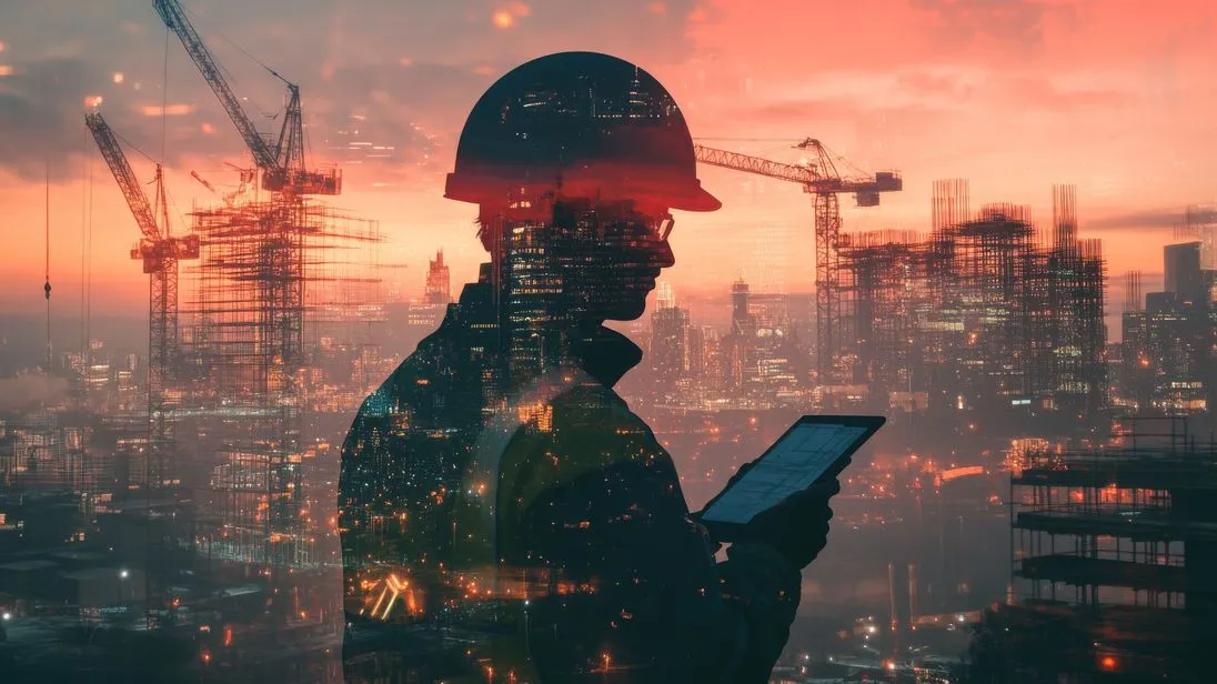 Silhoutte eines Mannes vor einer Großbaustelle mit Kränen.